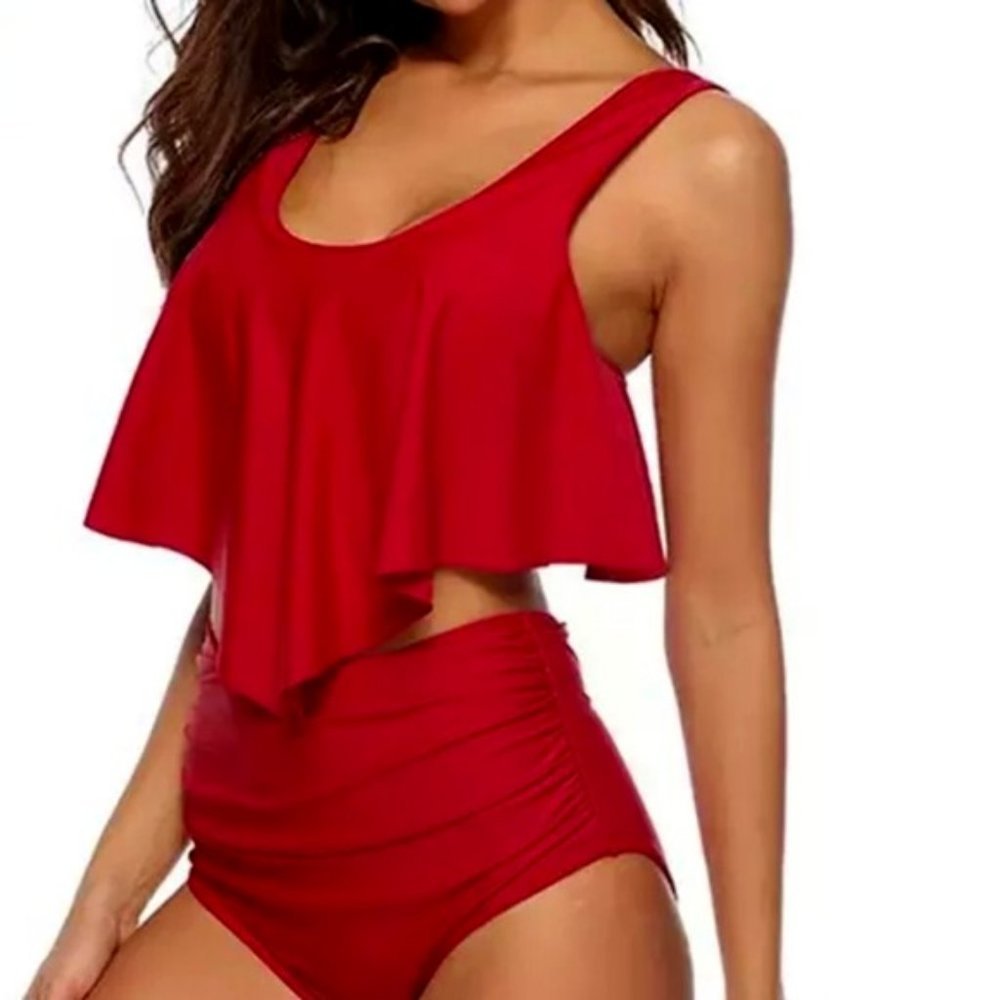 Womens Swimsuit Swimwear Bathing Suits SEXY Red High Waisted Tankini Bikini Set